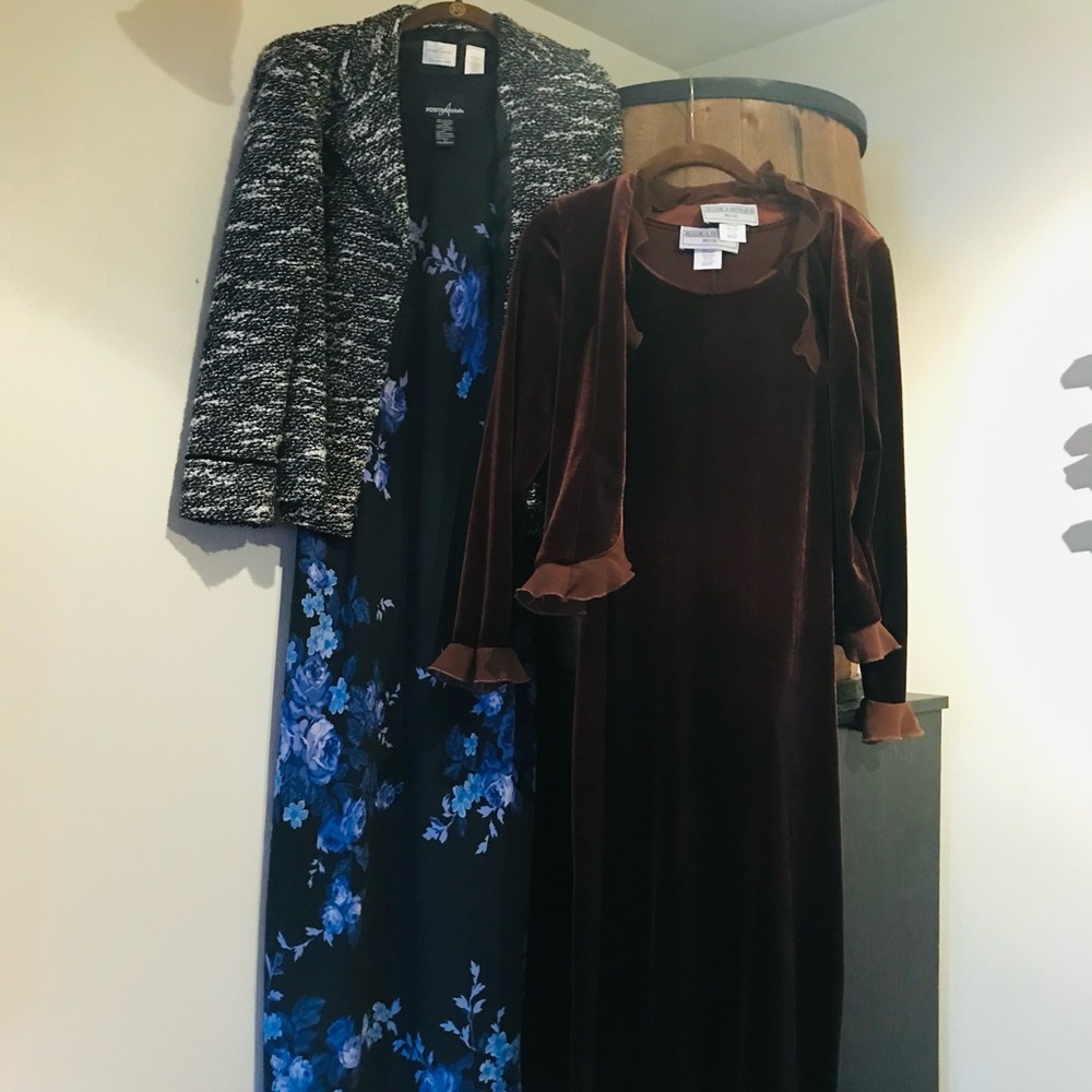 Jessica Howard Chocolate Brown Velvet Dress with Ruffle Trim Blue Dress + Jacket